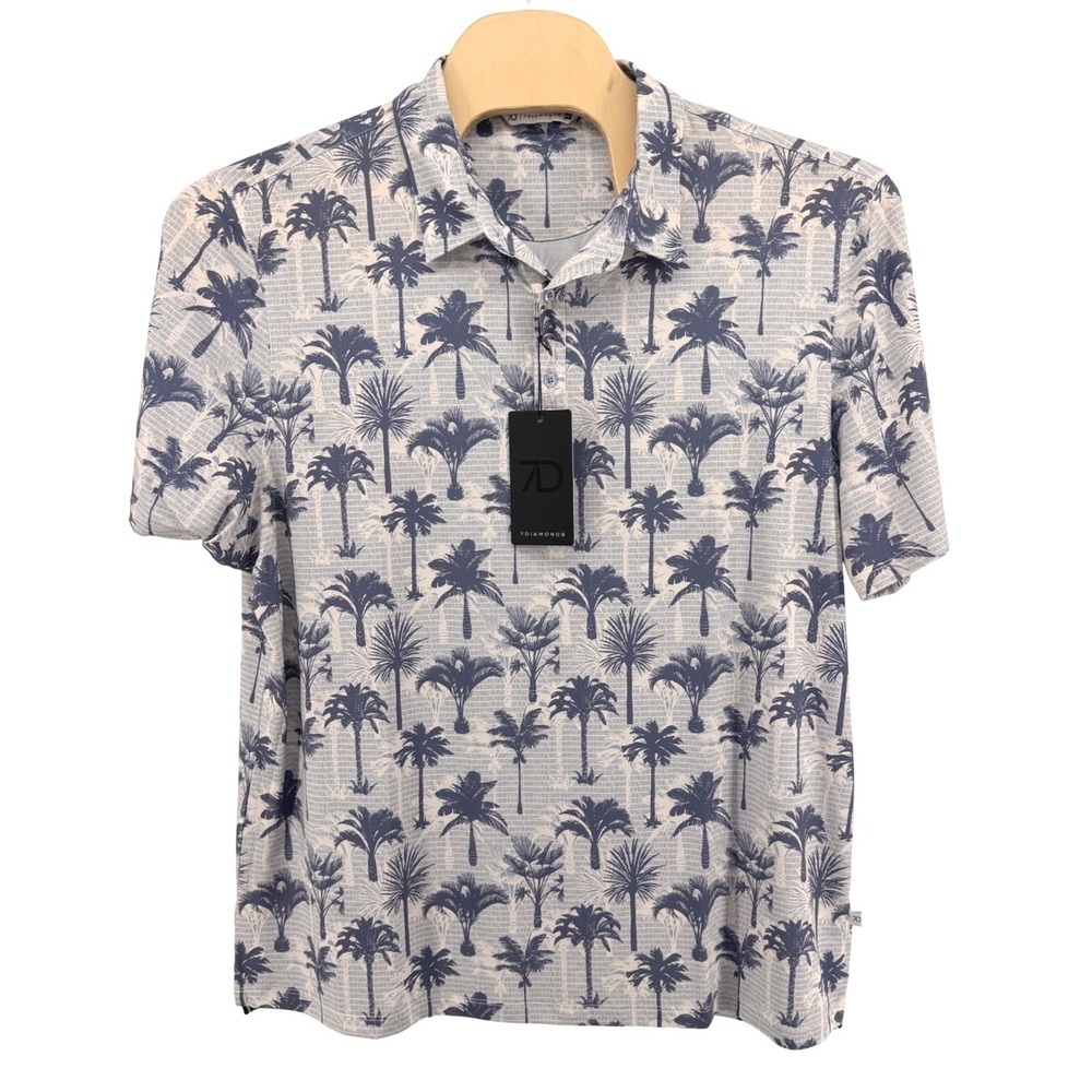 NEW 7 Diamonds Puerto Polo Men XXL Short Sleeve Blue White Palm Tree Performance